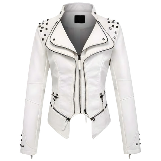 Women’s Studded Faux Leather Jacket – Slim Fit Adjustable Moto Biker Style Outerwear