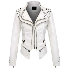 Women’s Studded Faux Leather Jacket – Slim Fit Adjustable Moto Biker Style Outerwear