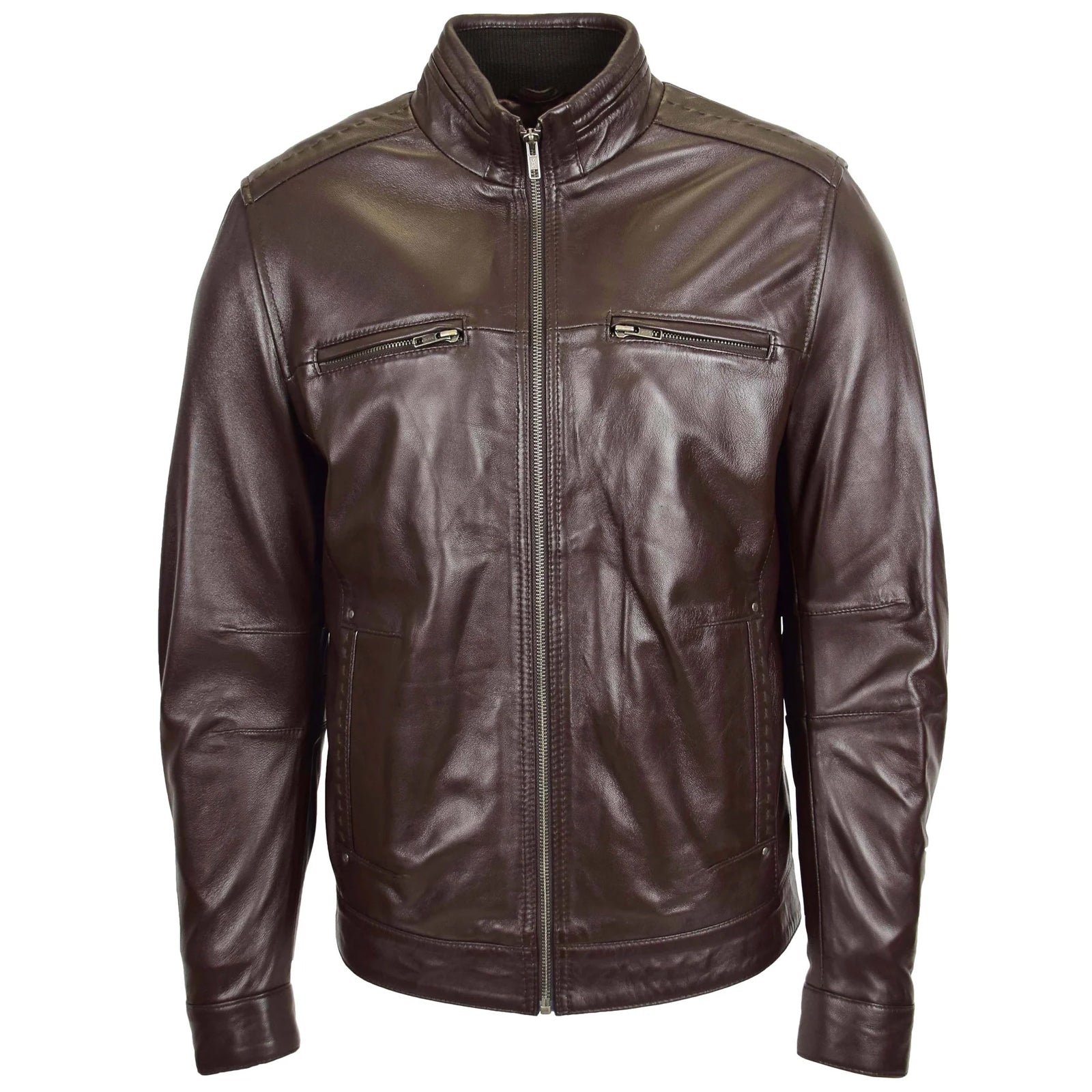 Men's Standing Collar Biker Leather Jacket Tony Brown Every Season Gift For Him