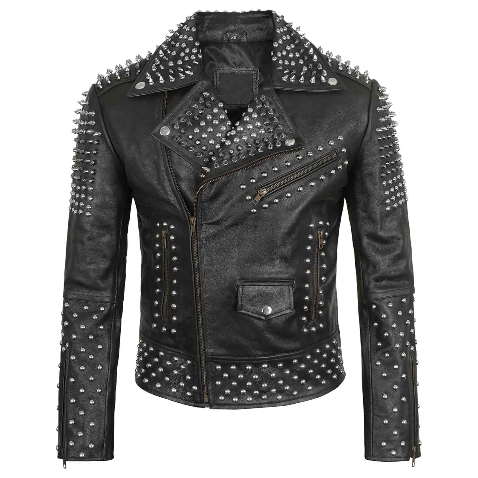 Mens Brando Studded Jacket Black Motorcycle Rock Punk Spiked Brando Biker Genuine Leather Jacket