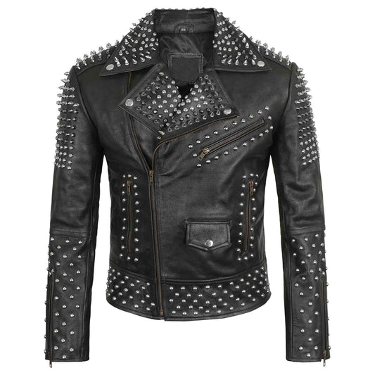 Mens Brando Studded Jacket Black Motorcycle Rock Punk Spiked Brando Biker Genuine Leather Jacket