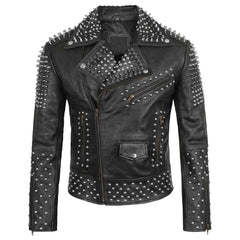 Mens Brando Studded Jacket Black Motorcycle Rock Punk Spiked Brando Biker Genuine Leather Jacket