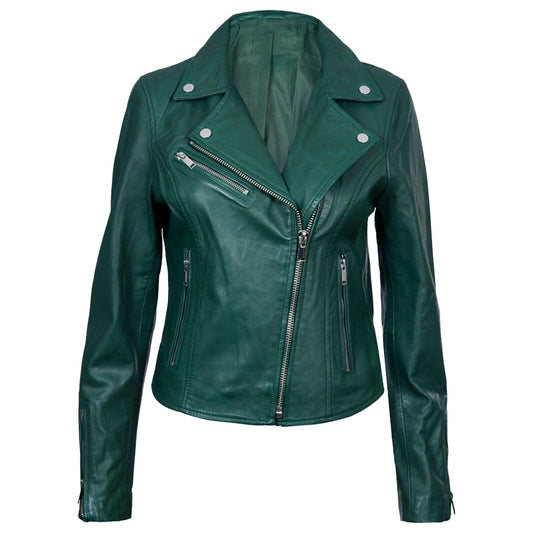 Green Lambskin Leather Biker Jacket For Women  Slim Fit Racer Style