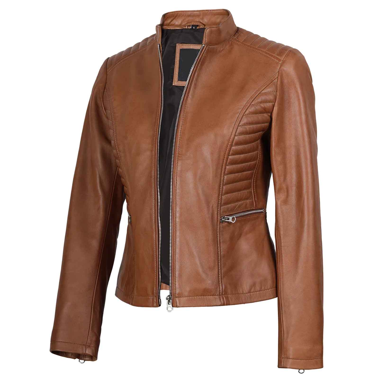 Women’s Tan Real Leather Cafe Racer Jacket – Rachel Biker Style