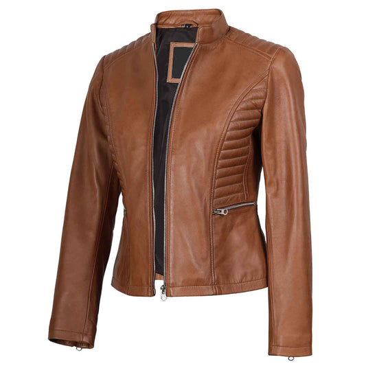 Women’s Tan Real Leather Cafe Racer Jacket – Rachel Biker Style