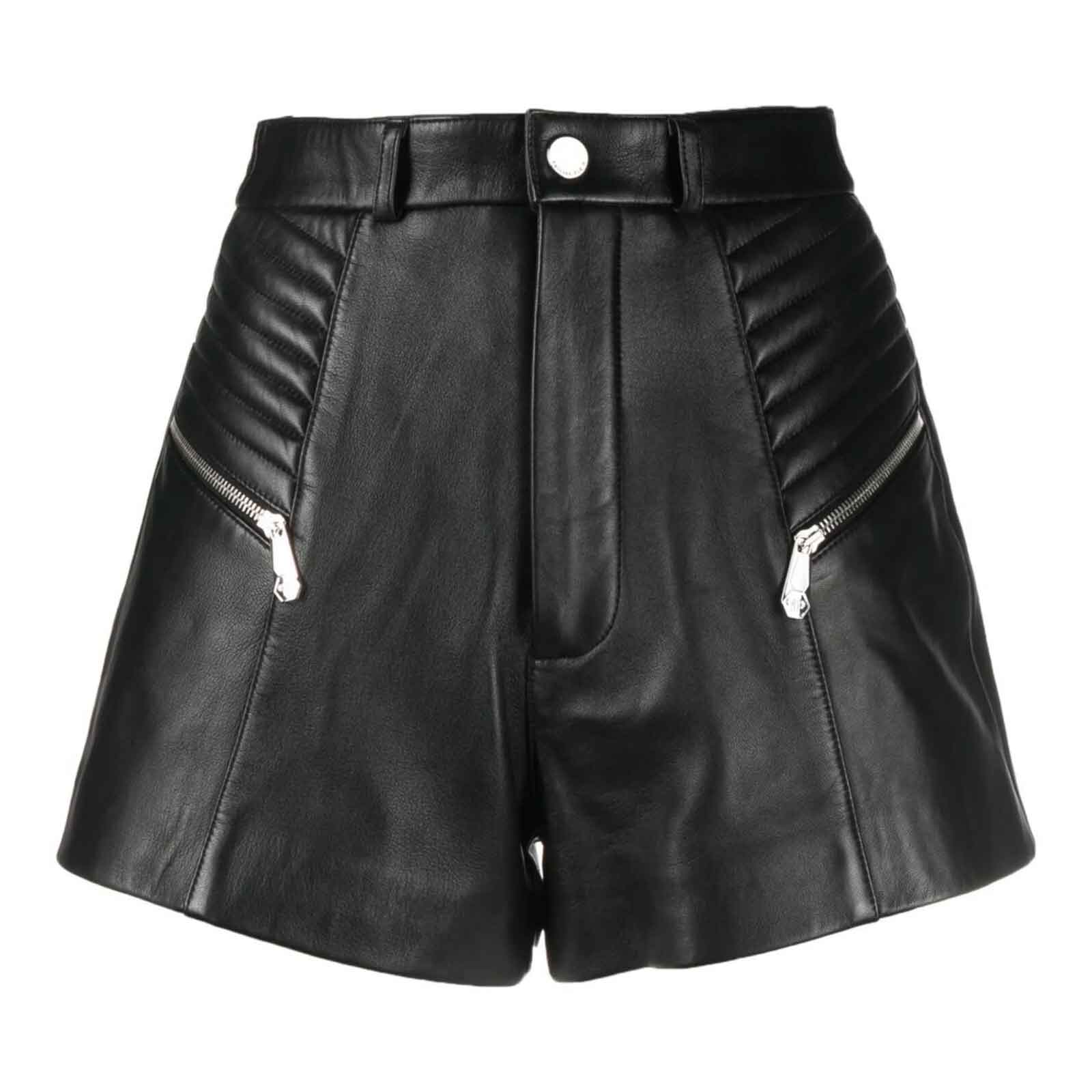 Black Lambskin Front Button & Zip Fastening Belt Loops Leather Short