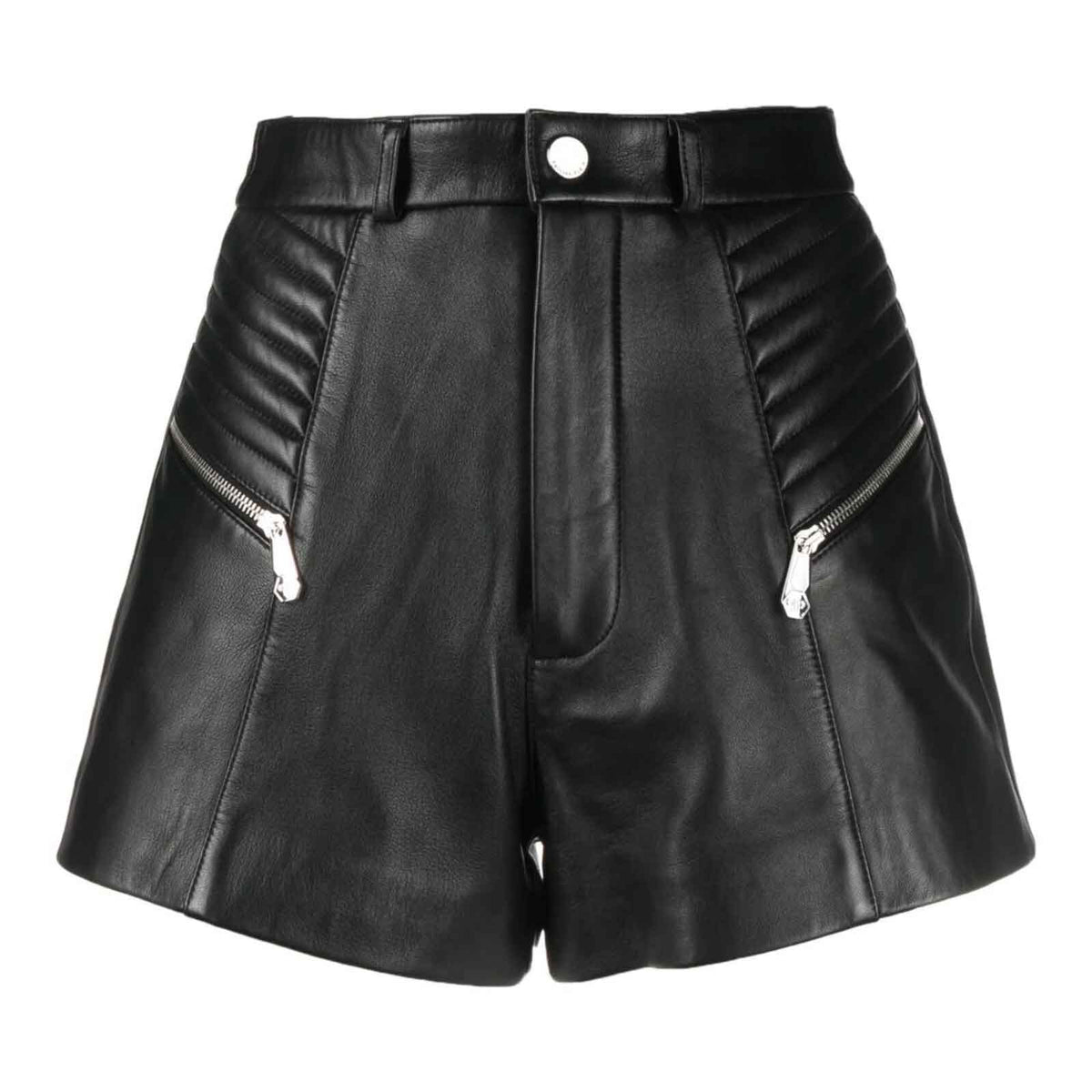 Black Lambskin Front Button & Zip Fastening Belt Loops Leather Short