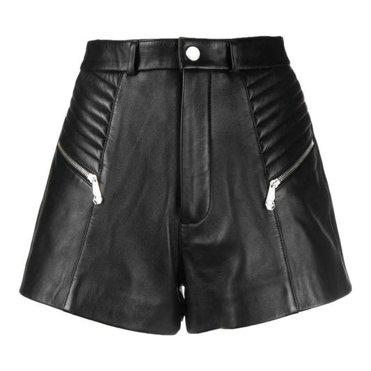 Black Lambskin Front Button & Zip Fastening Belt Loops Leather Short