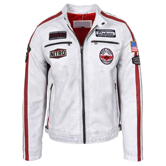 Men’s Real Leather Biker Jacket – Bobby Vintage White Racing Jacket with Motorsport Patches