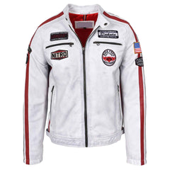 Men’s Real Leather Biker Jacket – Bobby Vintage White Racing Jacket with Motorsport Patches