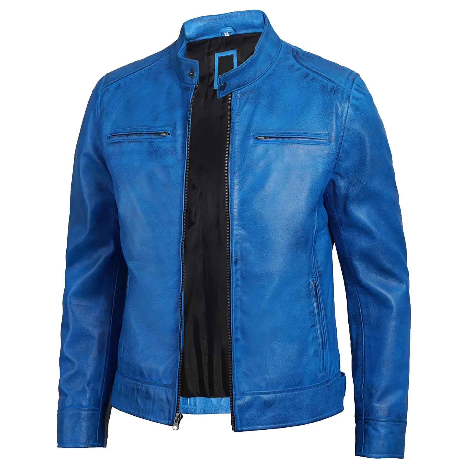 Dodge Men's Blue Lambskin Genuine Leather Cafe Racer Biker Style Jacket