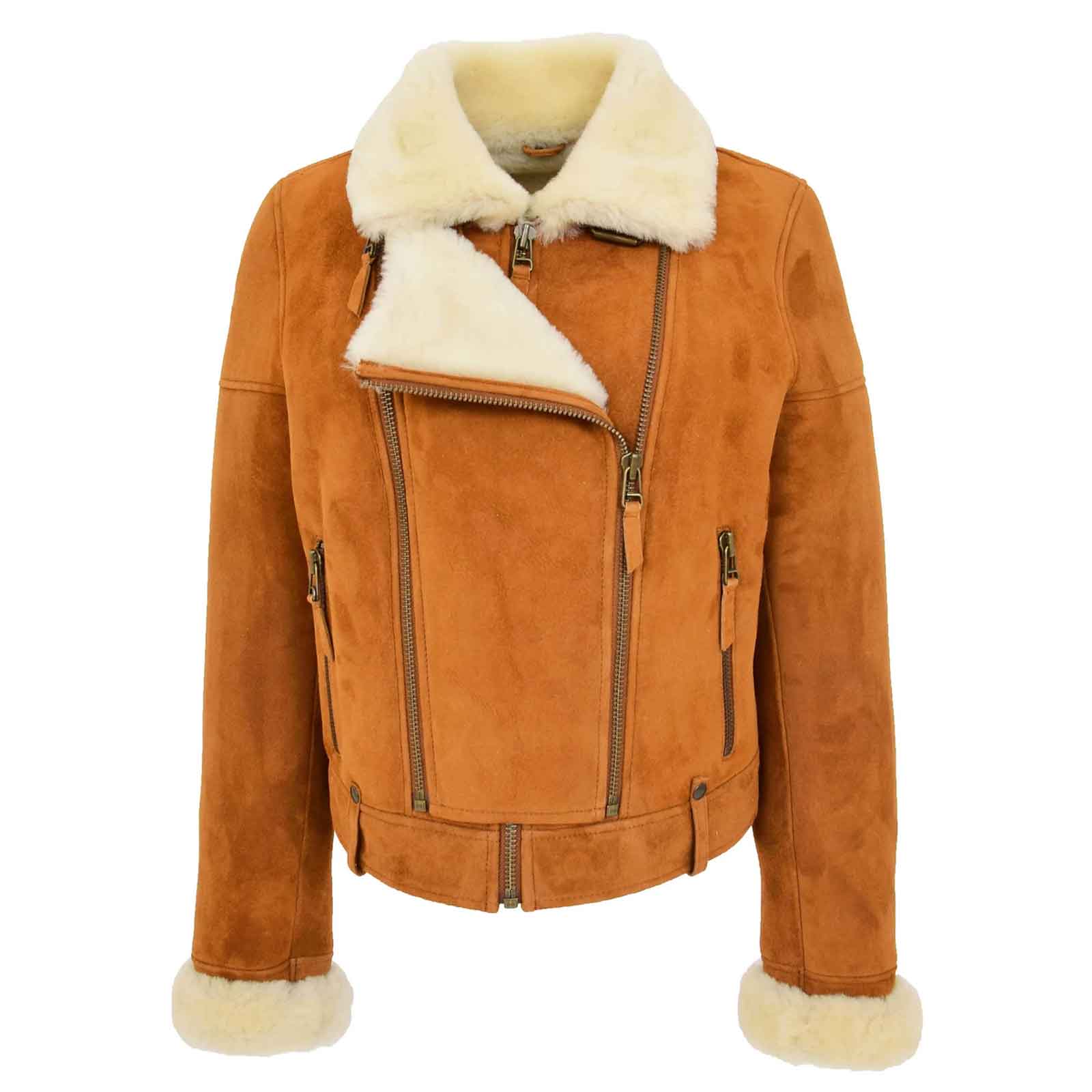 Regals Leather Women’s Sheepskin Aviator Pilot Jacket in Tan White