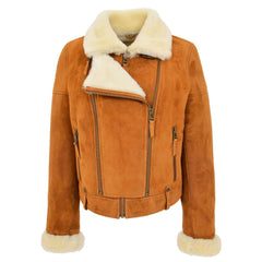 Regals Leather Women’s Sheepskin Aviator Pilot Jacket in Tan White