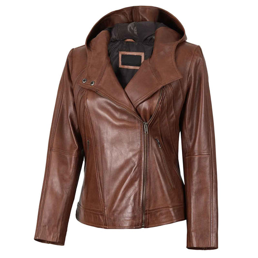 Regals Leather Cidra Women Asymmetrical Brown Hooded Genuine Leather Jacket