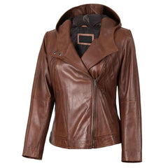 Regals Leather Cidra Women Asymmetrical Brown Hooded Genuine Leather Jacket