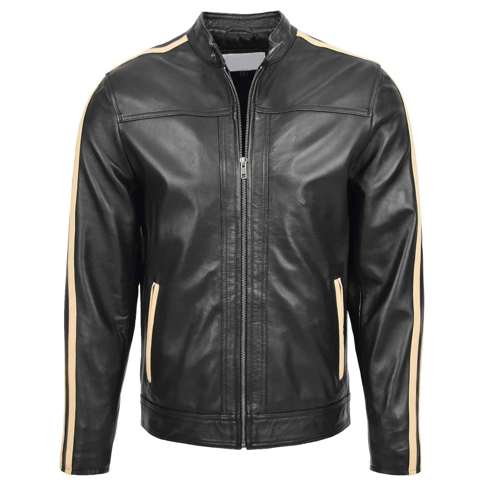 Clyde Black Men’s Leather Jacket – Classic Biker Style with Stripes
