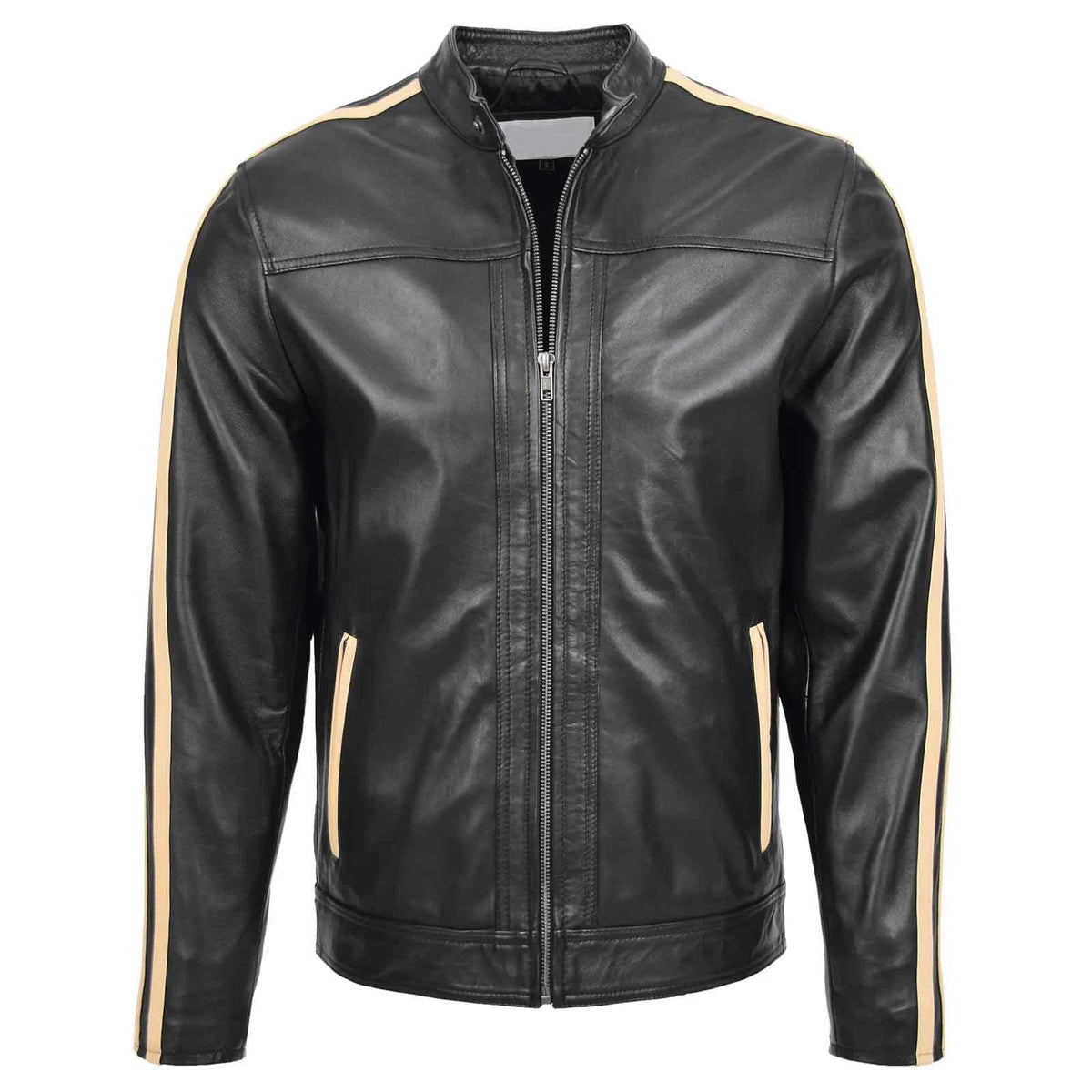 Clyde Black Men’s Leather Jacket – Classic Biker Style with Stripes