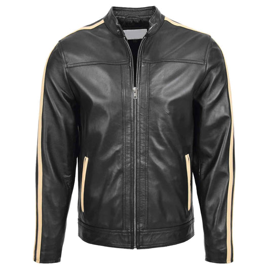 Clyde Black Men’s Leather Jacket – Classic Biker Style with Stripes