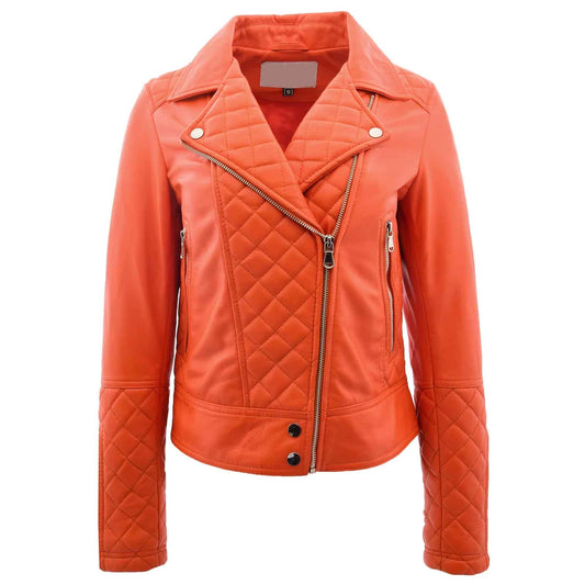 Ziva Orange Women’s Leather Biker Jacket | Quilted Detail Real Leather