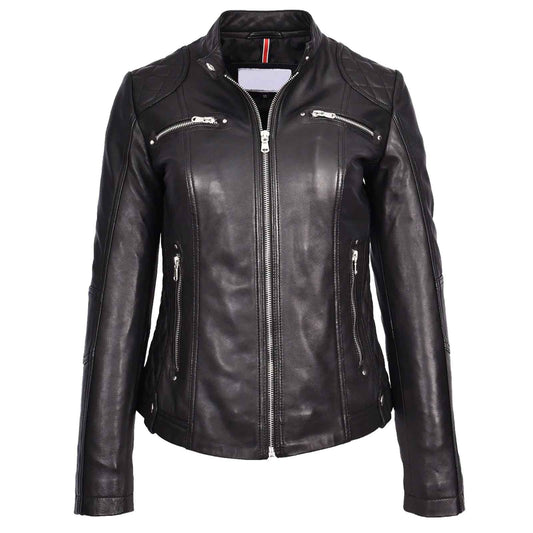 Women’s Black Leather Cafe Racer Jacket – Fitted Quilted Biker Style with Zip Closure