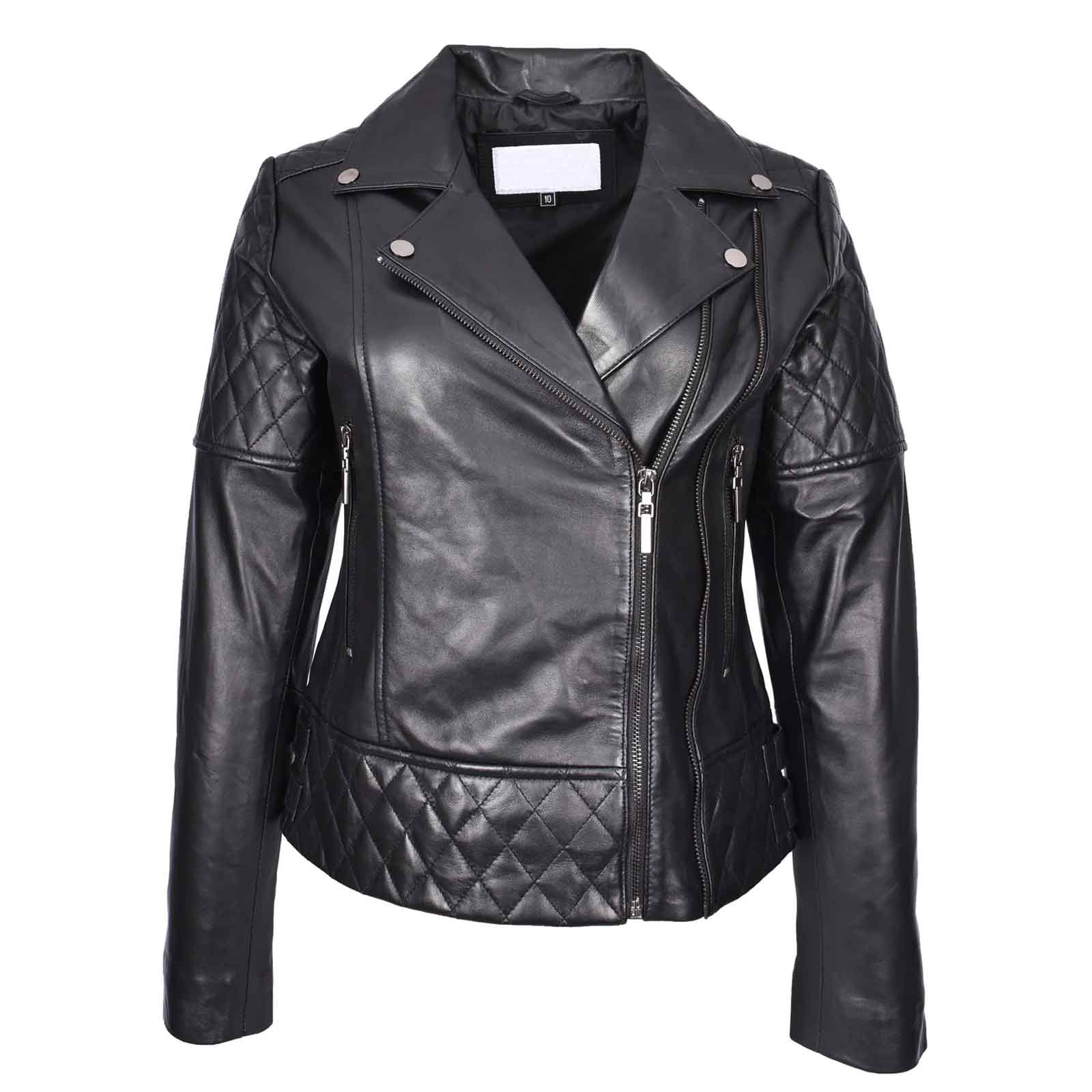 Women’s Real Leather Biker Jacket Black – Nixi Multi Cross Zip Quilted