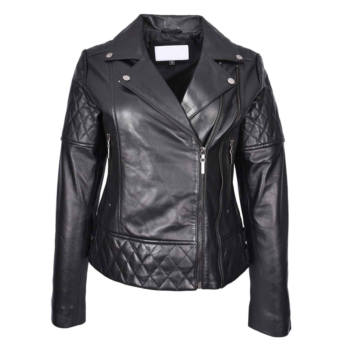 Women’s Real Leather Biker Jacket Black – Nixi Multi Cross Zip Quilted