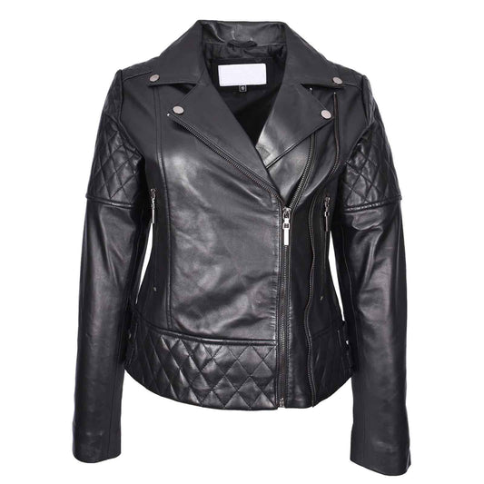 Women’s Real Leather Biker Jacket Black – Nixi Multi Cross Zip Quilted