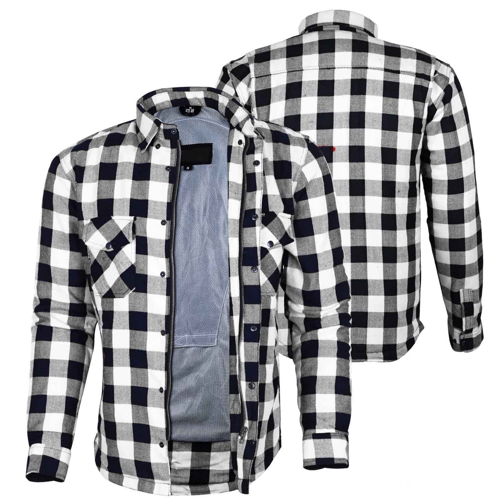 Exo Kevlar® Lined Motorcycle Flannel Shirt White/Black – Protective Riding Shirt with CE Armor Pockets