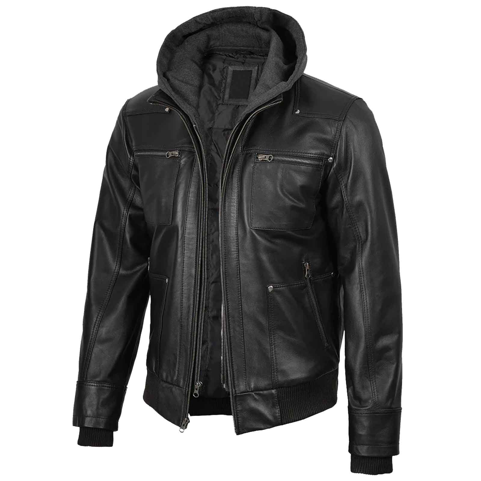 Men's Black Bomber Lambskin Leather Jacket with Removable Hood