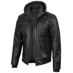 Men's Black Bomber Lambskin Leather Jacket with Removable Hood