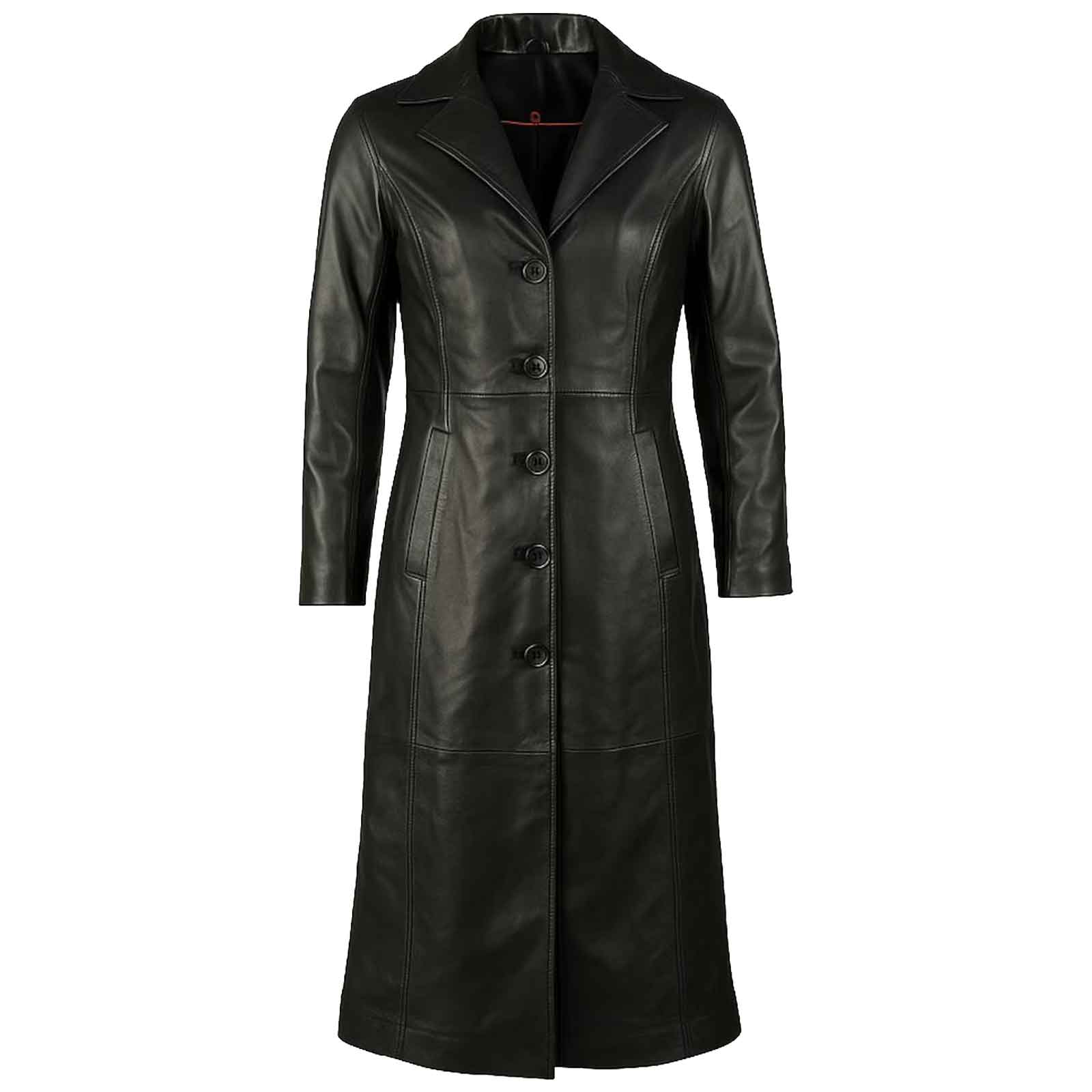 Women’s Long Black Leather Trench Coat – Genuine Sheepskin Leather Overcoat with Button Closure
