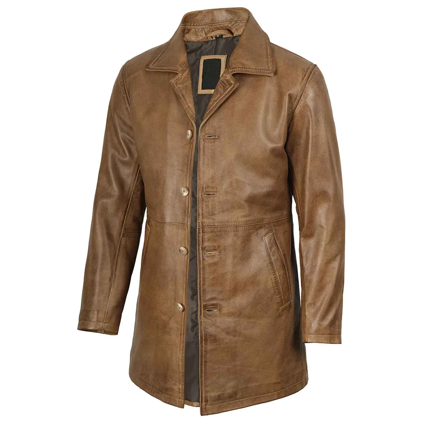 Men's Camel Brown 3/4 Length Leather Car Coat Genuine Lambskin Jacket