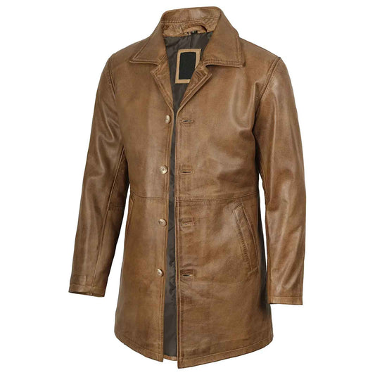 Men's Camel Brown 3/4 Length Leather Car Coat Genuine Lambskin Jacket