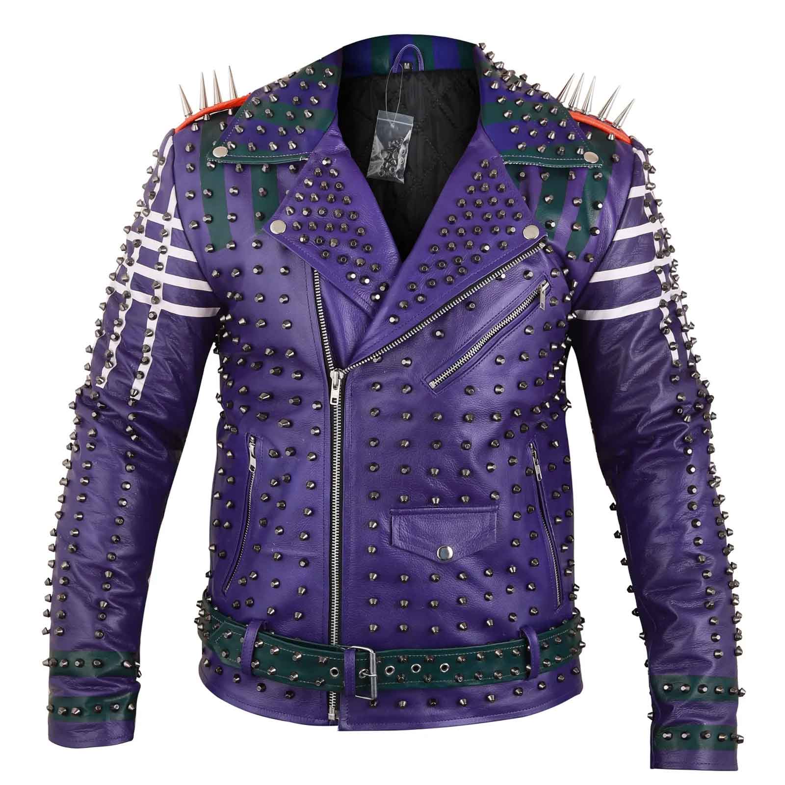 Men's Purple Spiked Leather Jacket | Studded Biker Coat for Punk & Gothic Style
