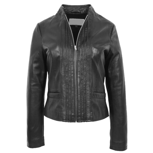 Women’s Black Leather Casual Jacket with Standing Collar – Regals Leather
