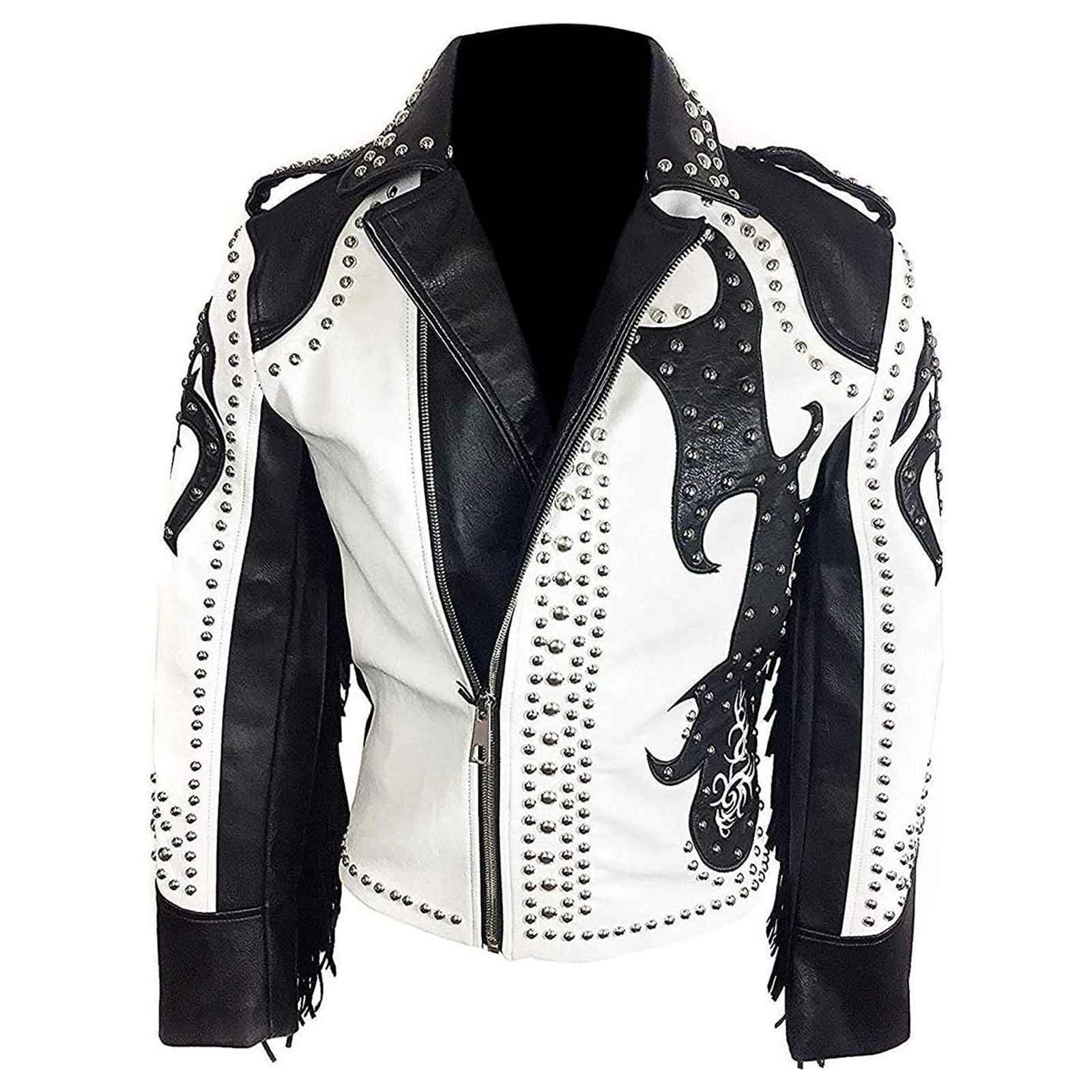 Men’s Studded Leather Biker Jacket – Rock Punk Brando Motorcycle Spiked Black Jacket
