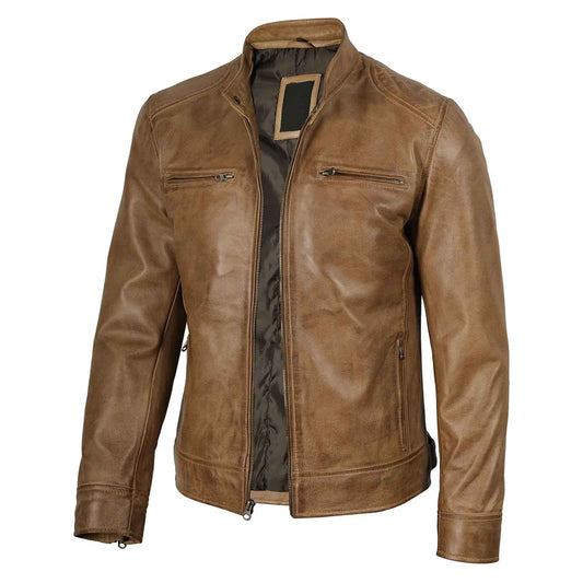 Dodge Men's Camel Brown Genuine Leather Cafe Racer Biker Style Jacket