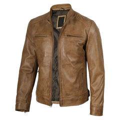 Dodge Men's Camel Brown Genuine Leather Cafe Racer Biker Style Jacket