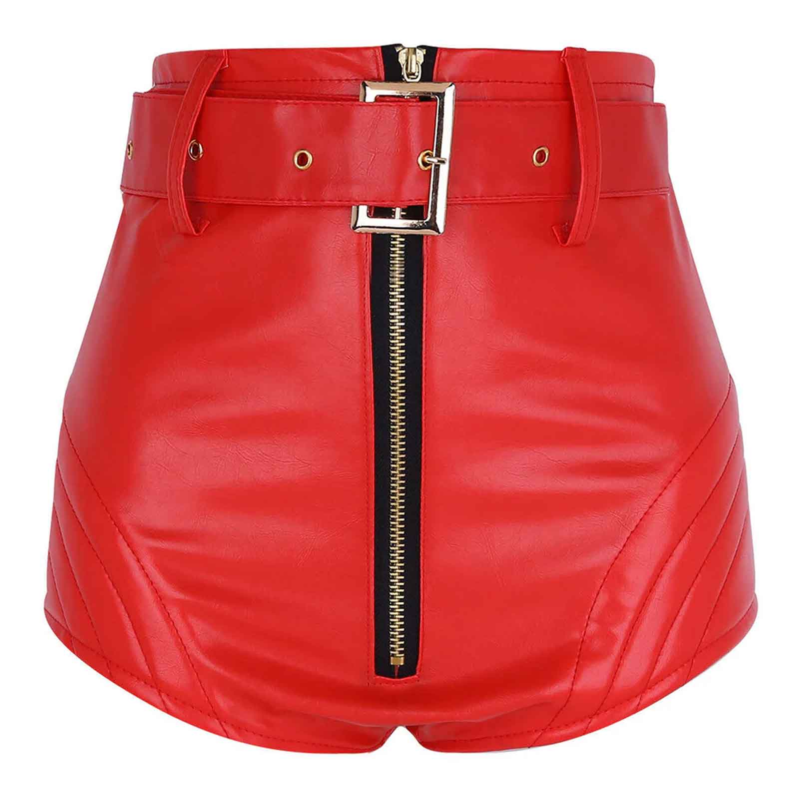 Women High Waist Red Leather Shorts with Belt