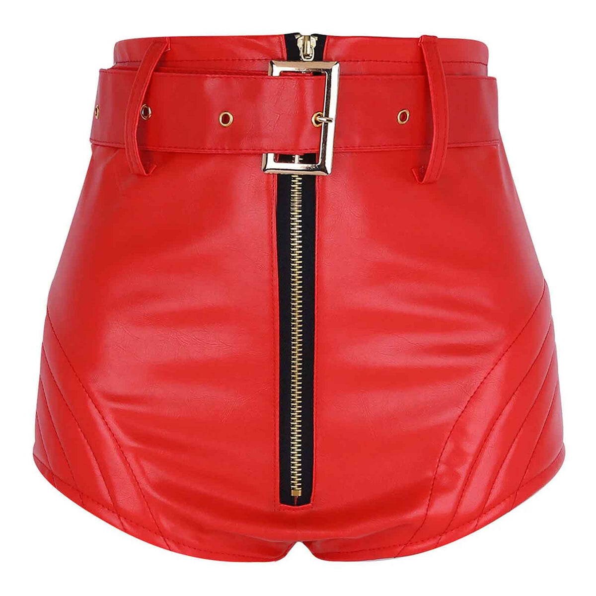 Women High Waist Red Leather Shorts with Belt