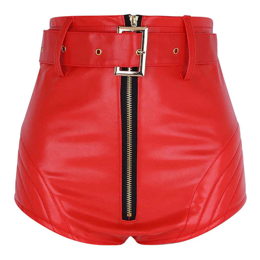 Women High Waist Red Leather Shorts with Belt