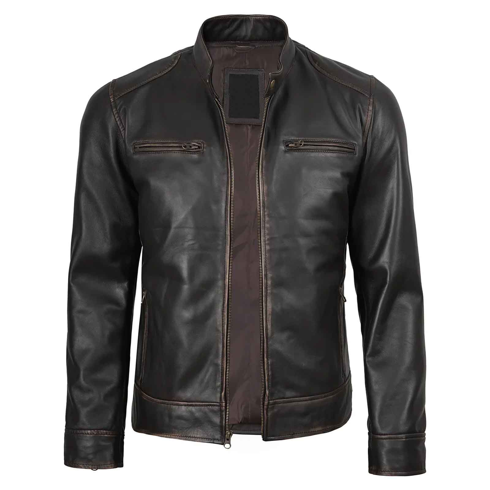 Rub-Off Dark Brown Men’s Leather Biker Jacket – Slim Fit Cafe Racer Classic