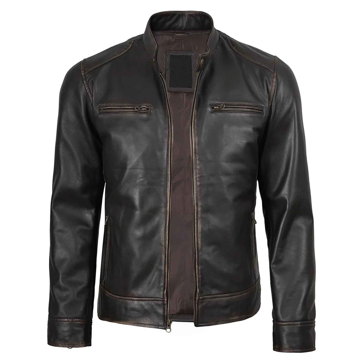Rub-Off Dark Brown Men’s Leather Biker Jacket – Slim Fit Cafe Racer Classic