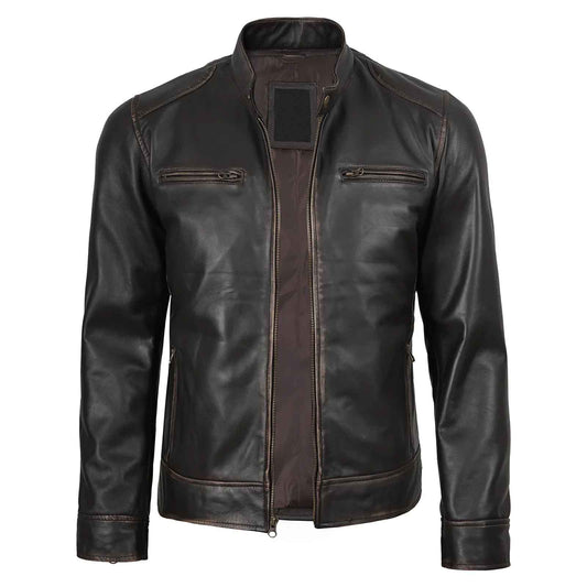 Rub-Off Dark Brown Men’s Leather Biker Jacket – Slim Fit Cafe Racer Classic