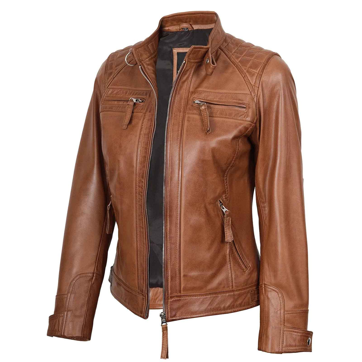 Regals Leather Women's Cafe Racer Style Tan Brown Leather Jacket