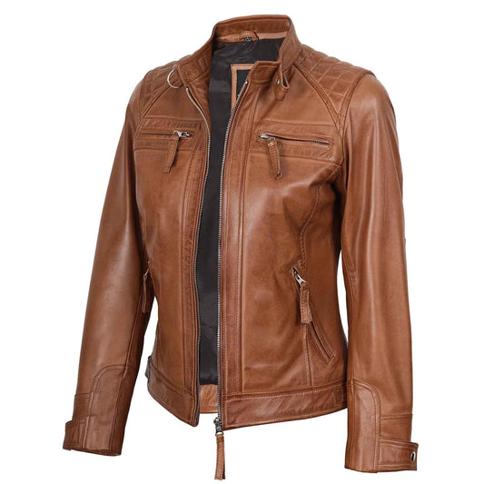 Regals Leather Women's Cafe Racer Style Tan Brown Leather Jacket