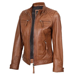 Regals Leather Women's Cafe Racer Style Tan Brown Leather Jacket