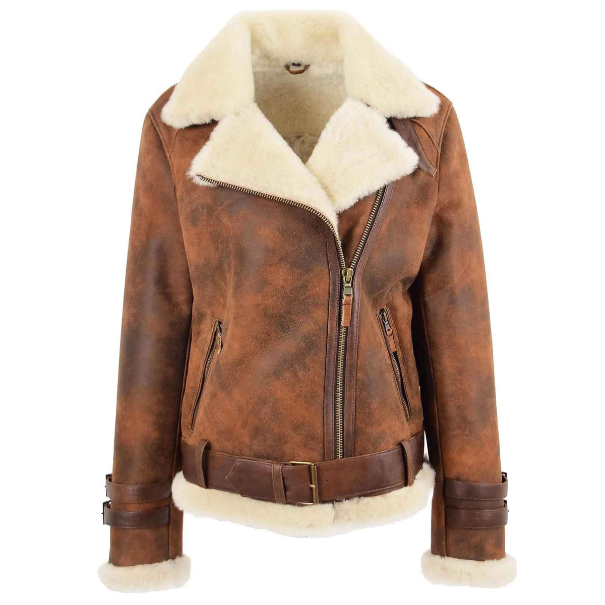 Women's Vintage Brown Sheepskin Aviator Jacket – Lena Cross Zip Pilot Style