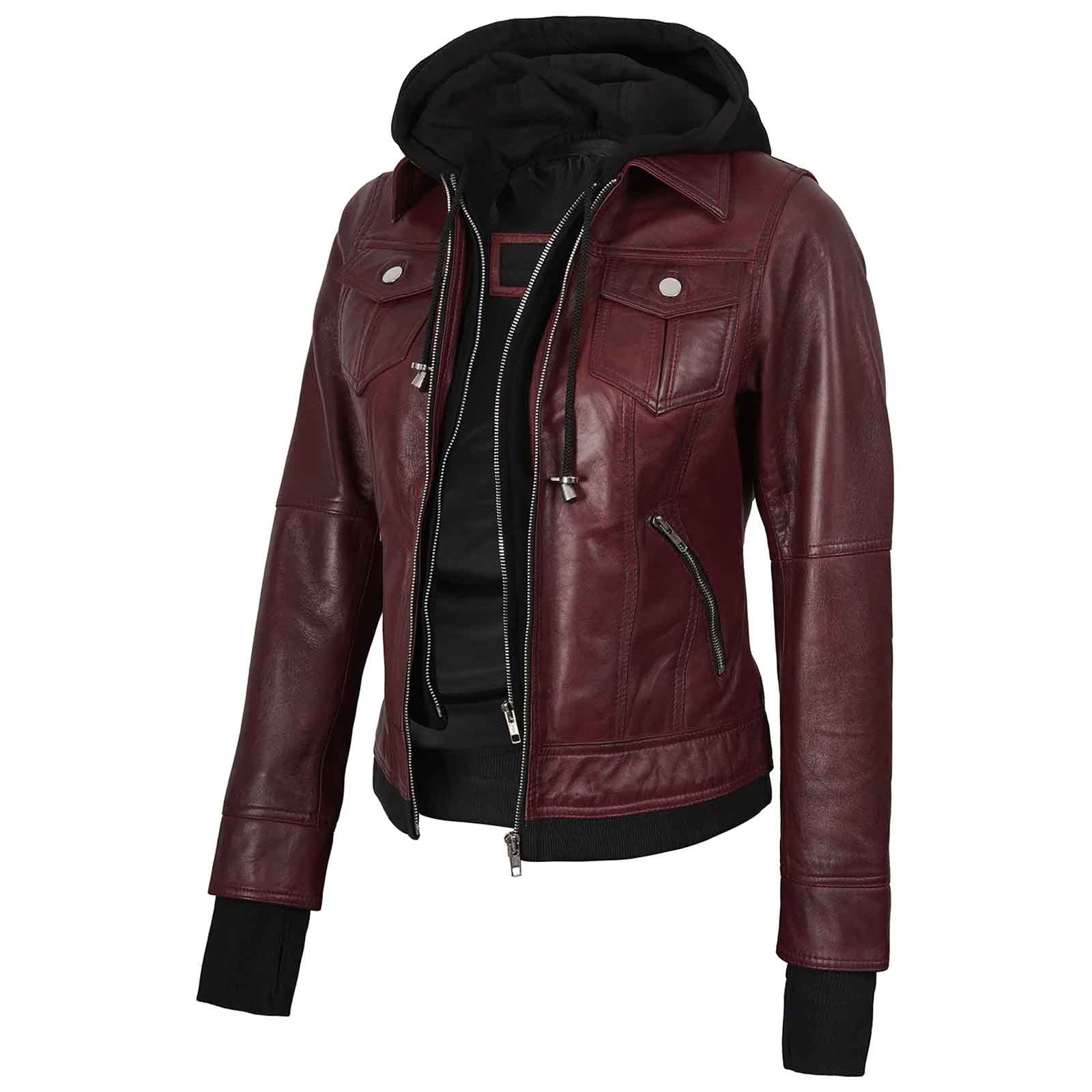 Lightweight Real Leather Women's Bomber Burgundy Jacket with Hood | Regals Leather