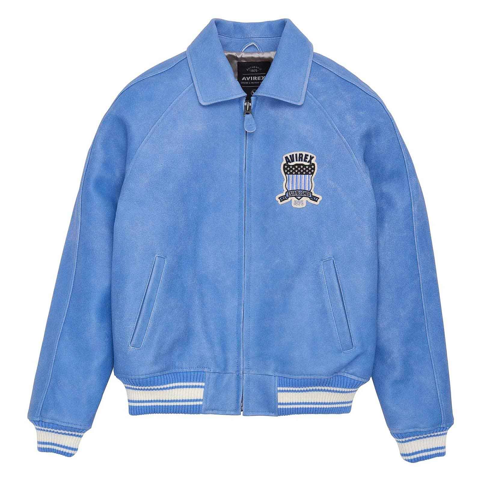 Top Quality Men’s Avirex Leather Jacket Denim Blue Leather Bomber Jacket Iconic Style